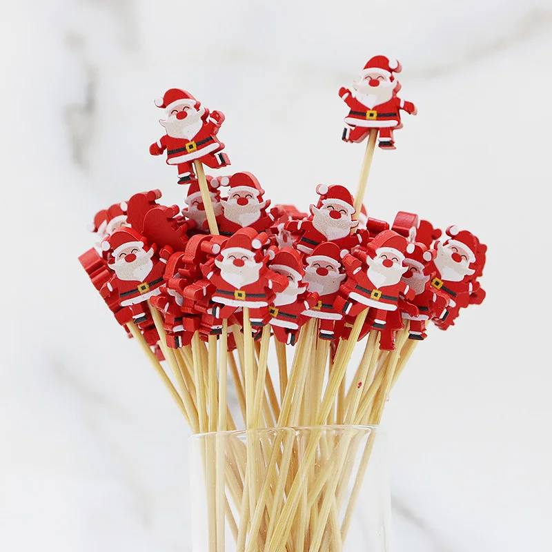 (100pcs/pack) 11.8cm Santa Claus Bamboo Skewers Disposable Toothpick Kitchen Accessories Dessert Fruit Christmas Party Wood