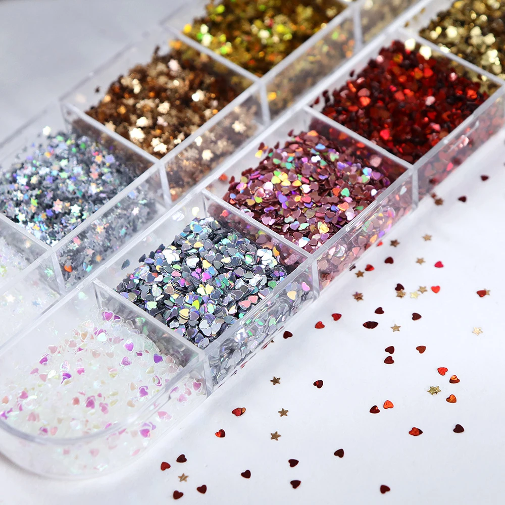 12 Gitter 3D Mini Herzchen Stern Nagelkunst-Pailletten 1mm Holographische Pentagramm-Nagelflocken Liebes-Pailletten für Nagelkunst-Dekorationen – Detail 5