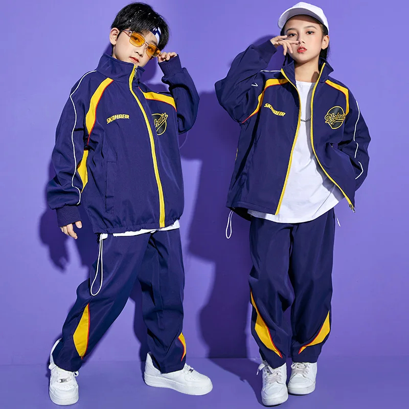 Kid Kpop Hip Hop Clothing Zip Up Windbreaker Jacket Top Streetwear Casual Baggy Pants for Girl Boy Jazz Dance Costume Clothes