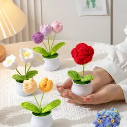 DIY Handmade Crochet Flowers Potted Finished Woven Bouquet Artificial Knitted Flower Valentine's Day Gift Home Desktop Decor