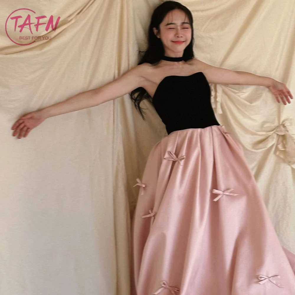 

TAFN Black and Pink Evening Dresses Strapless Bow A-line Korea Wedding Reception Dresses Sleeveless Party Gown Photo Shoot