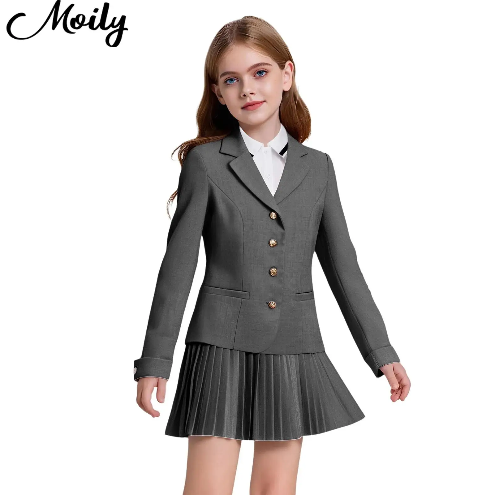 

Child Girls School Uniform Lapel Button Down Suit Jacket with Pleated Skirt And Turn-Down Collar Long Sleeve Pullover Shirt Suit