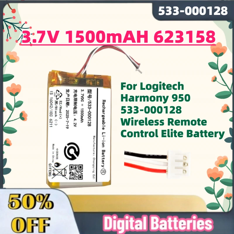 

New 3.7V 1500mAH 623158 Li-Ion Rechargeable Batteries for Logitech Harmony 950 533-000128 Wireless Remote Control Elite Battery