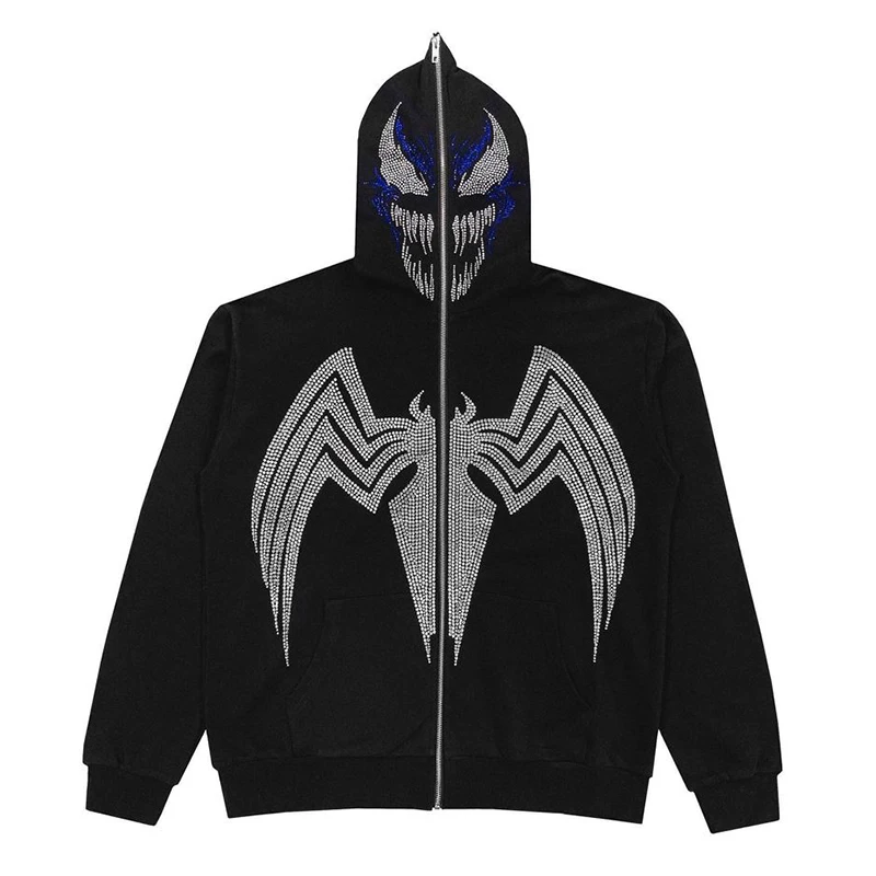 2024 American winter New Vintage Men's Hoodie Y2k Rhinestone full zipper spider Graphic jacket Street Hip Hop Unisex Sweatshirts