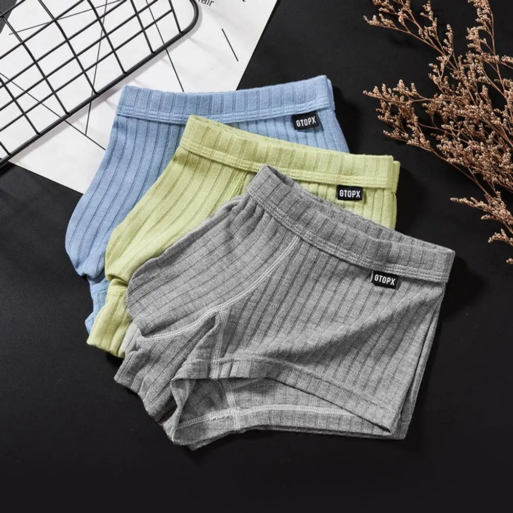 Men Underpants Good Breathability Solid Color Super Soft Sweat Absorption Ribbed Panties Men Underwear Shorts Daily Wear