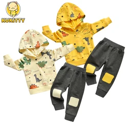 0-2Years Toddler Baby Boy Thin Cotton Sport Suit Dinosaur Print Long Sleeve Hoodie Top and Pants 2PCS Casual Outfit for Boys