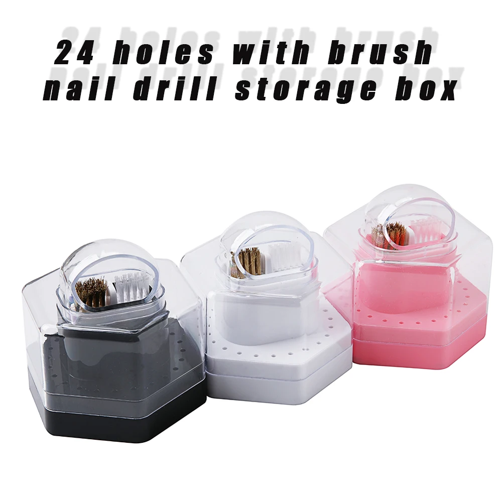 TFSCLOIN 24 Holes With Brush Nail Drill Storage Box Abrasive Head Cleaning Storage Box Removable Brush Head Box