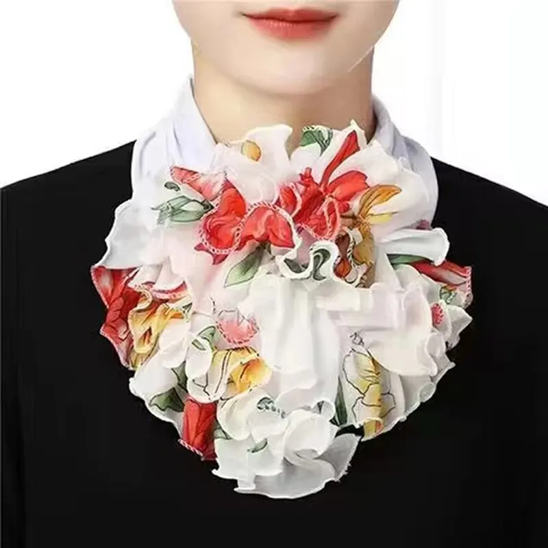 Floral Print Chiffon Neck Collar Ruffles Fake Collar Elegant Women Neckerchief Detachable Neck Warm Instant Scarf 23*14cm