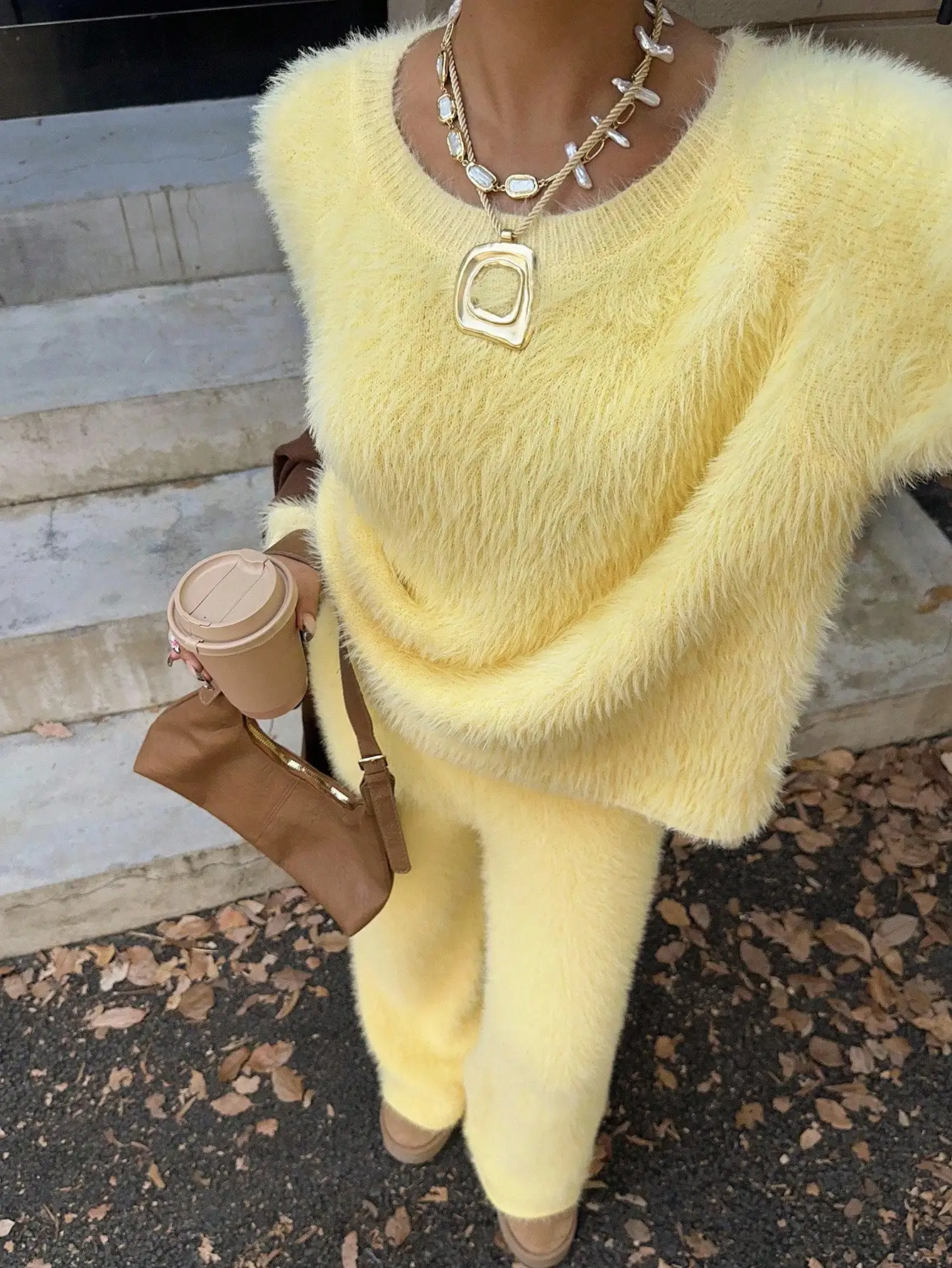 

Fluffy Butter Yellow Two Piece Sweater Set for Women, Loose Fit Casual Pullover with Round Neck, Fall Winter Wear