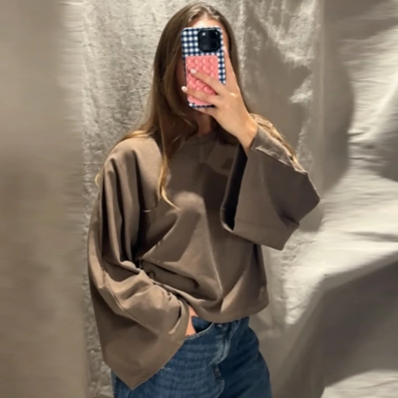 HXAO Cropped Oversized T-Shirt Damen Langarm-Oberteil Herbst 2026 Elegantes Weißes Schwarzes Braunes Oberteil O-Ausschnitt Glockenärmel Basic-Shirt – Detail 6