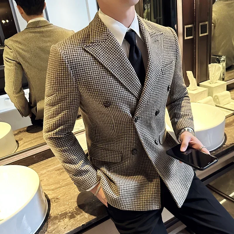 British Style Men Double Breasted Slim Fit Blazer 2024 New Houndstooth Slim Fit Suit Jacket Formal Business Wedding Dress Jacket