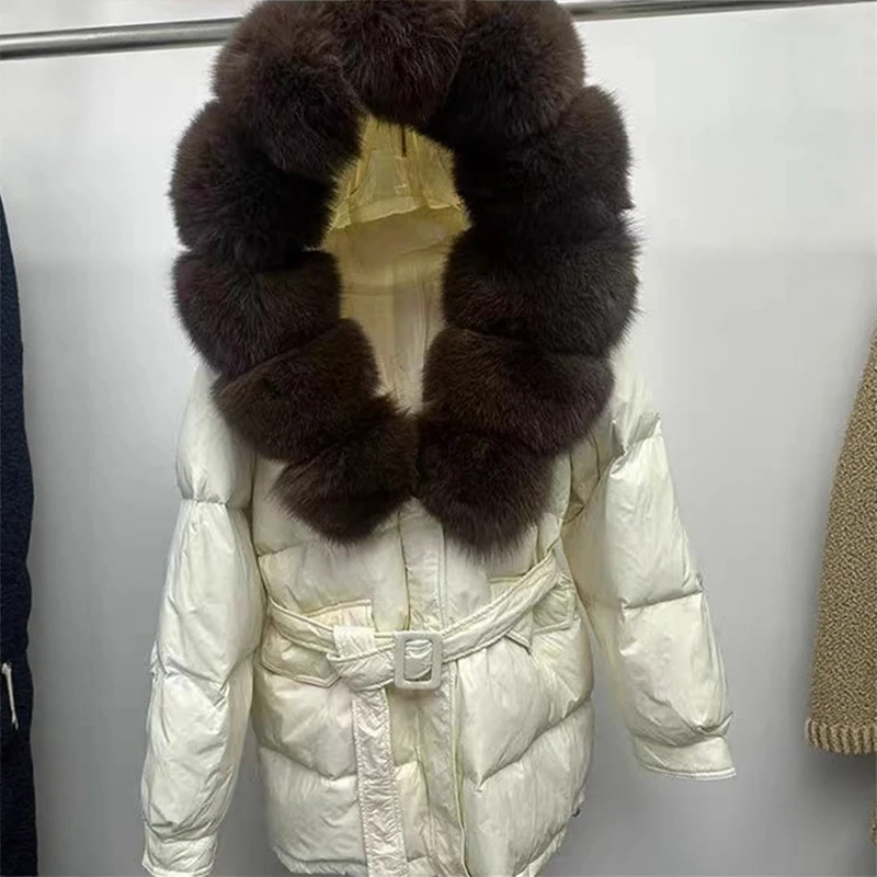 

Winter Natural Big Fur Collar Hooded Down Jacket Women White Duck Down Mid Length Parker Outwears Female Lace Up Warm Jackets