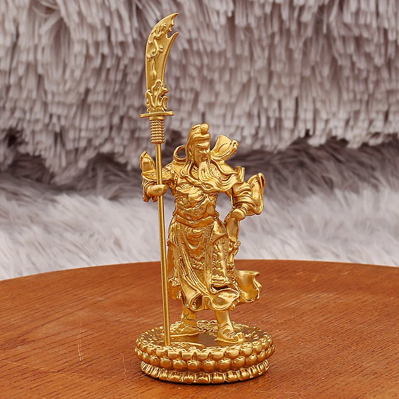 Golden Guan Gong Warrior God of Wealth Figurine Standing Sword Lotus Base Metal Craft for Home Office Ornament