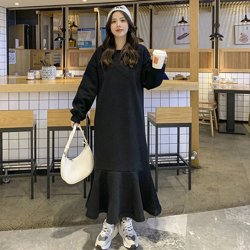 Chubby Girl-Loose Slimming Frill Dress, Fleece-lined, Over the Knee, Big Hemline Hoodie, Long Dress, Plus Size, .00 kg-500 kg