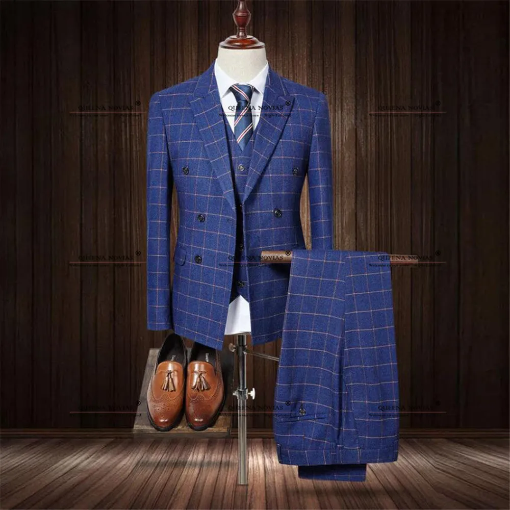 Classic Groom Wedding Tuxedos Customized Double Breasted Plaid Prom Blazers Formal Business Dinner Party Suits Men Slim Fit 2025