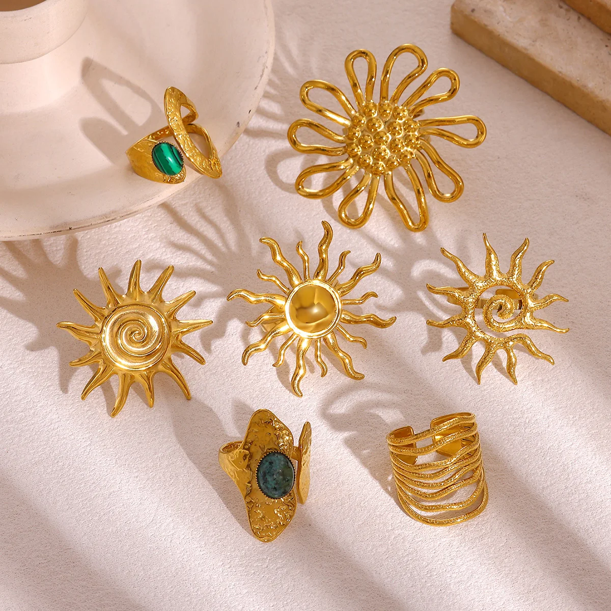 Retro Big Sun Flower Gold Color Ring For Women Stainless Steel Exaggerated Punk Anillos Open Adjustable Rings Waterproof Jewelry