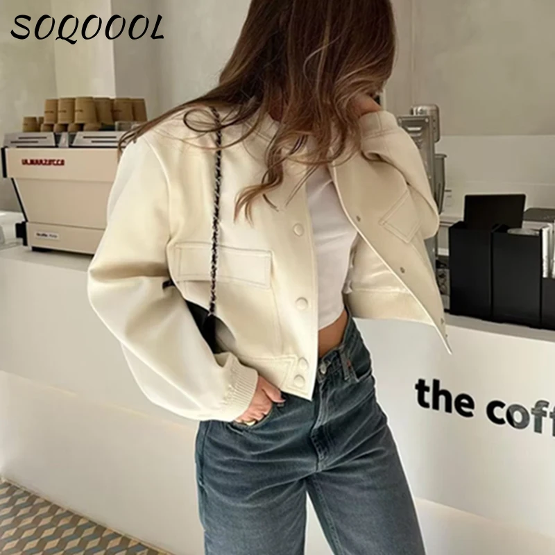 

Vintage Women Bomber Jacket Fashion 2023 Autumn Streetwear Casual Long Sleeve Pockets Outerwear Ladies Chic Baseball Coats Tops