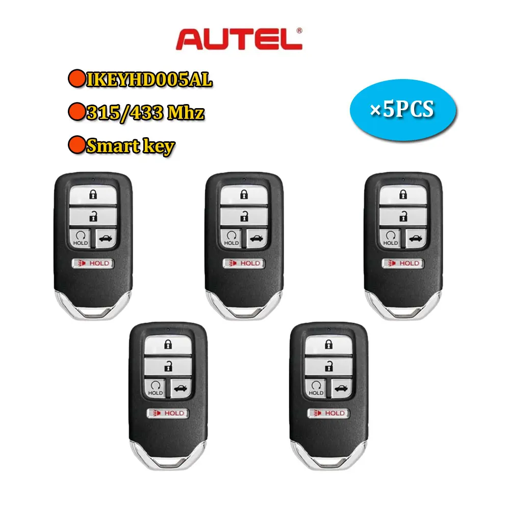 

5 шт. AUTEL IKEYHD005AL Смарт-ключ 5 кнопок Автомобильный дистанционный ключ для Honda Универсальный автомобильный ключ (багажник) MAXIIM IKEY Премиум-стиль