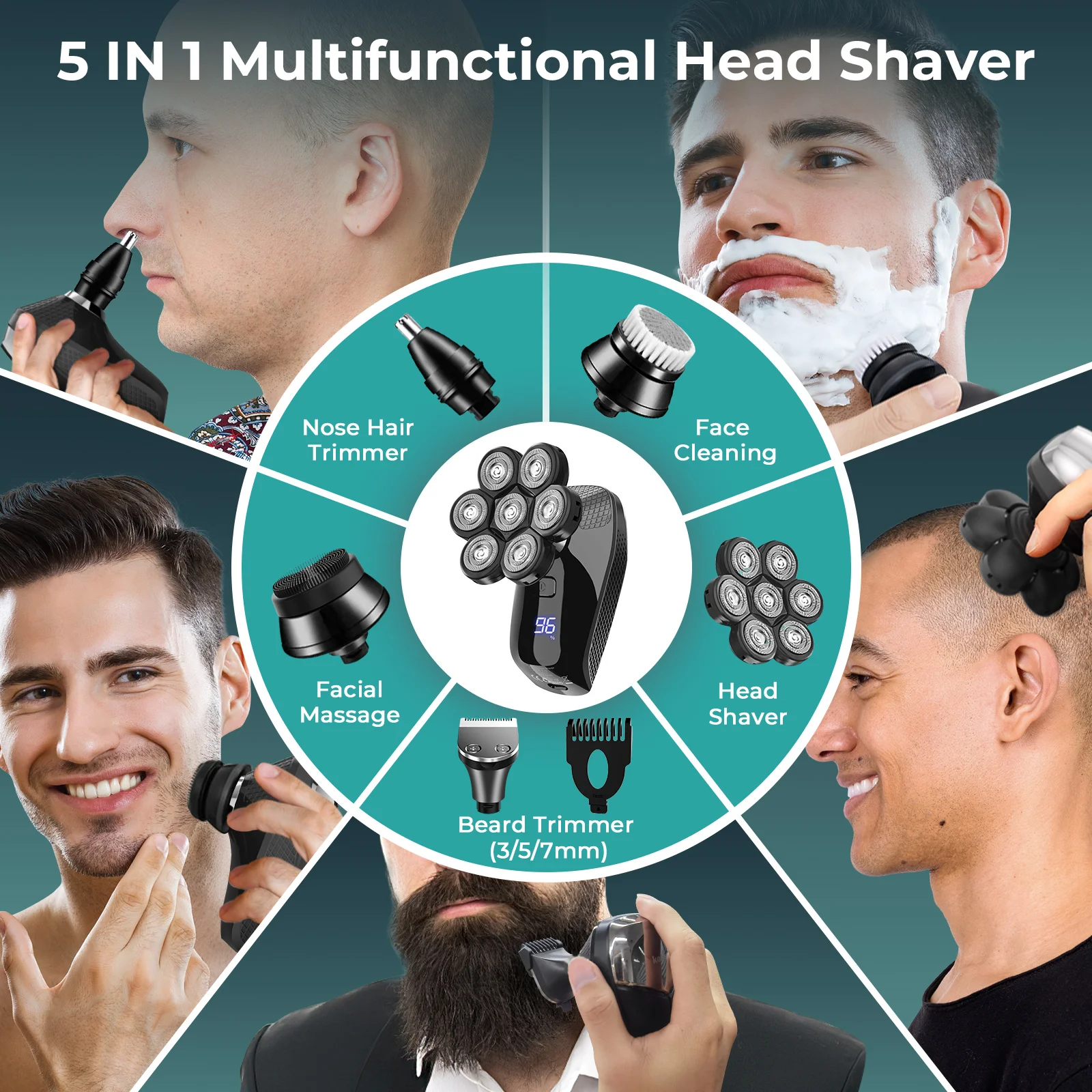 Kensen 5 In 1 Electric Shaver 7D Floating Cutter Head Rechargeable Shaver Kit For Men IPX6 Waterproof Beard Trimmer head shavers