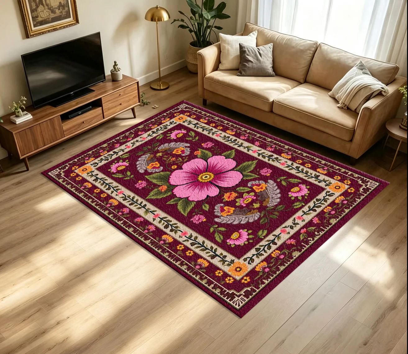 Burgundy Base Large Pink Flower Carpet Flooring Retro Folk Style Floral Printed Floor Rug for Household Living Area Ornament