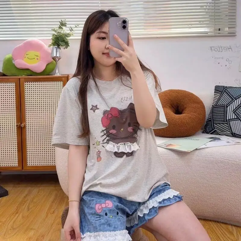 Popular Hello Kitty Summer Cartoon Women's Pajamas Large Size Short-Sleeved Shorts Two-Piece Set Lace Beautiful Ins Home Clothes view 3