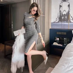 Female Dress Hollow Tight Bodycon Corset Women's Long Sleeve Dresses Split Coquette Sexy Aesthetic Hot Outfits Kpop Full A Line