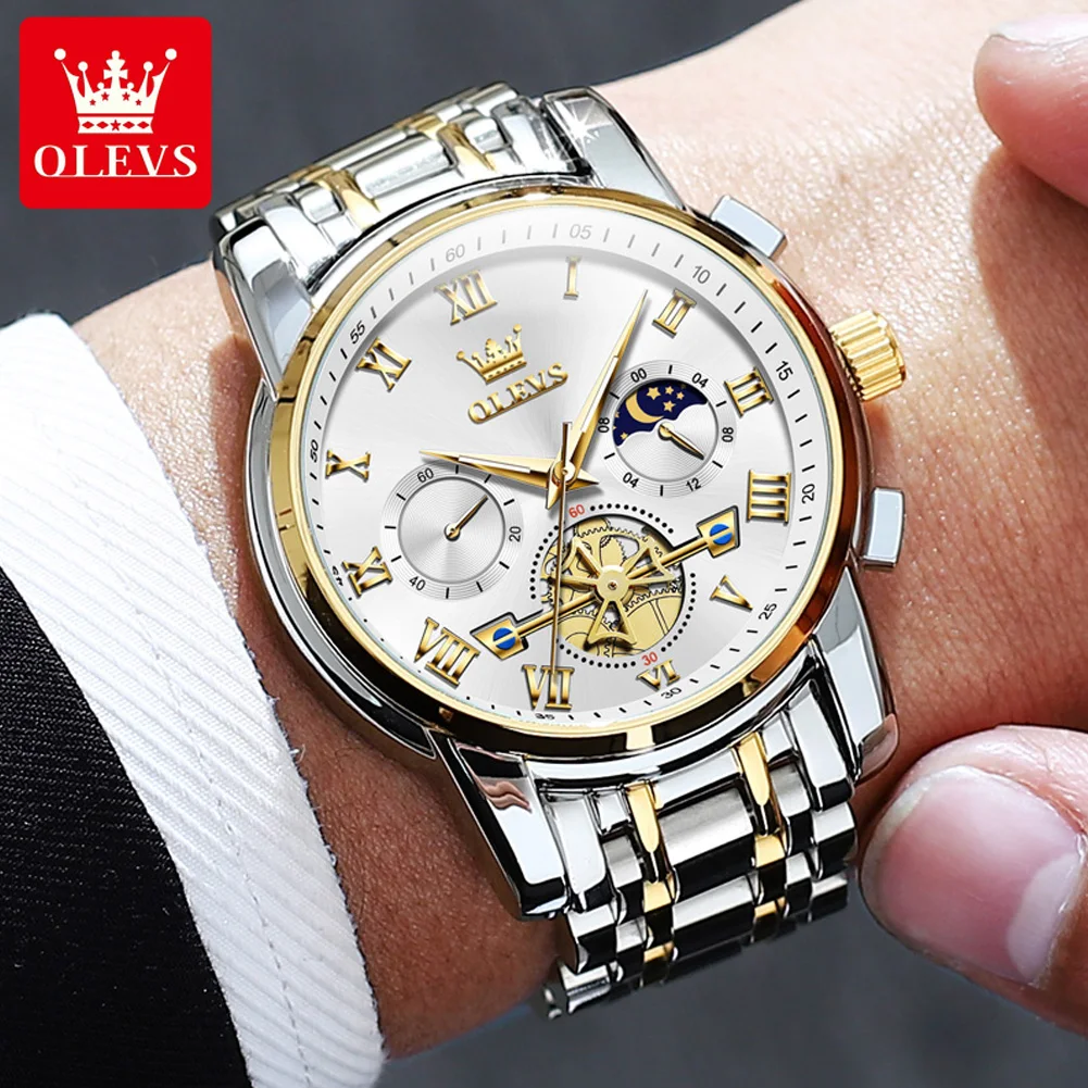 OLEVS-Reloj de pulsera de cuarzo para hombre, cronógrafo luminoso de acero inoxidable, fase lunar, a la moda, nuevo, 2859