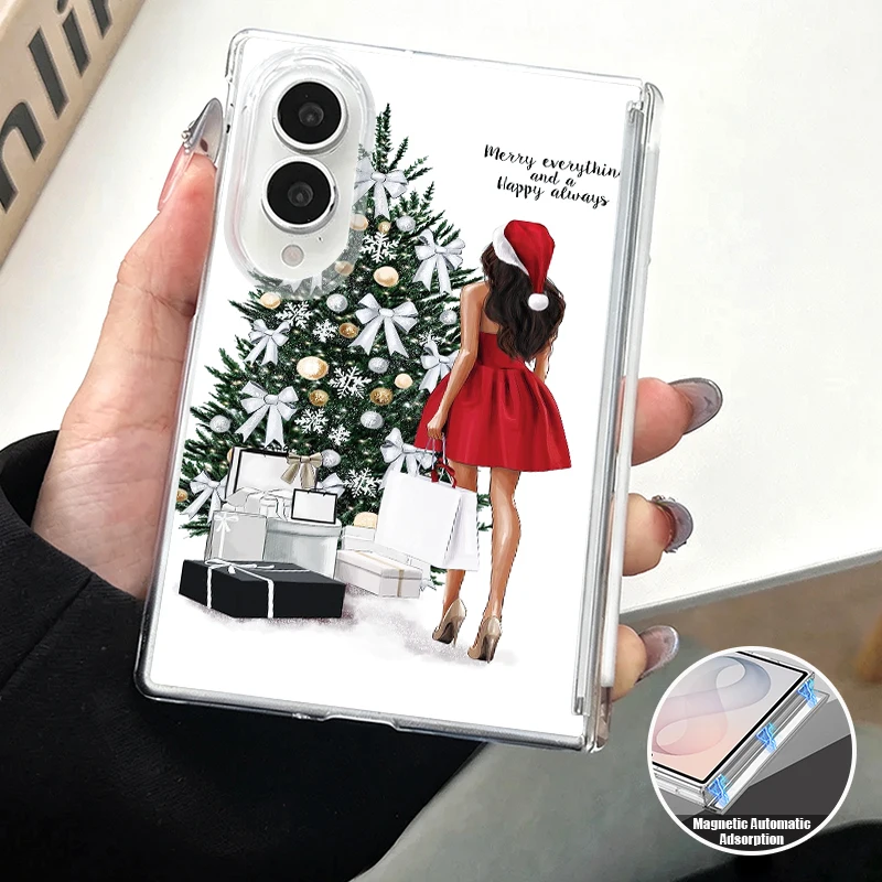 Magnetic Auto Adsorption Phone Case For Samsung Galaxy Z Fold 8 Ultra 7 6 5 Fold7 Fold6 5G Christmas Girl Pattern Hard PC Cover