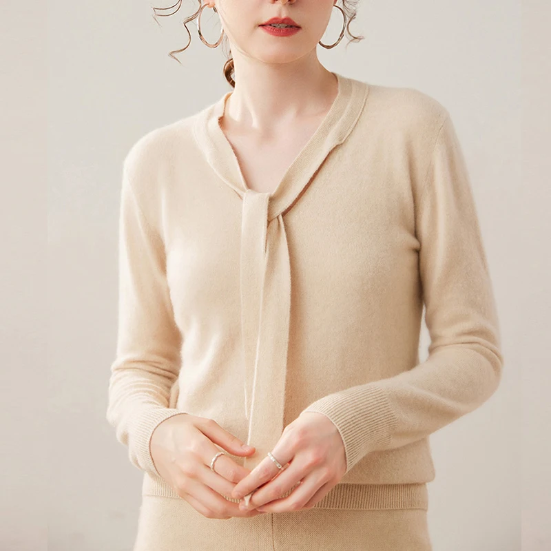 Sweter Kasmir Wanita Musim Gugur Dingin 2025, Kerah V, Tali Ikat, Rajutan Kasmir, Atasan Pullover, Polos, Baju Rajut Wol Wanita
