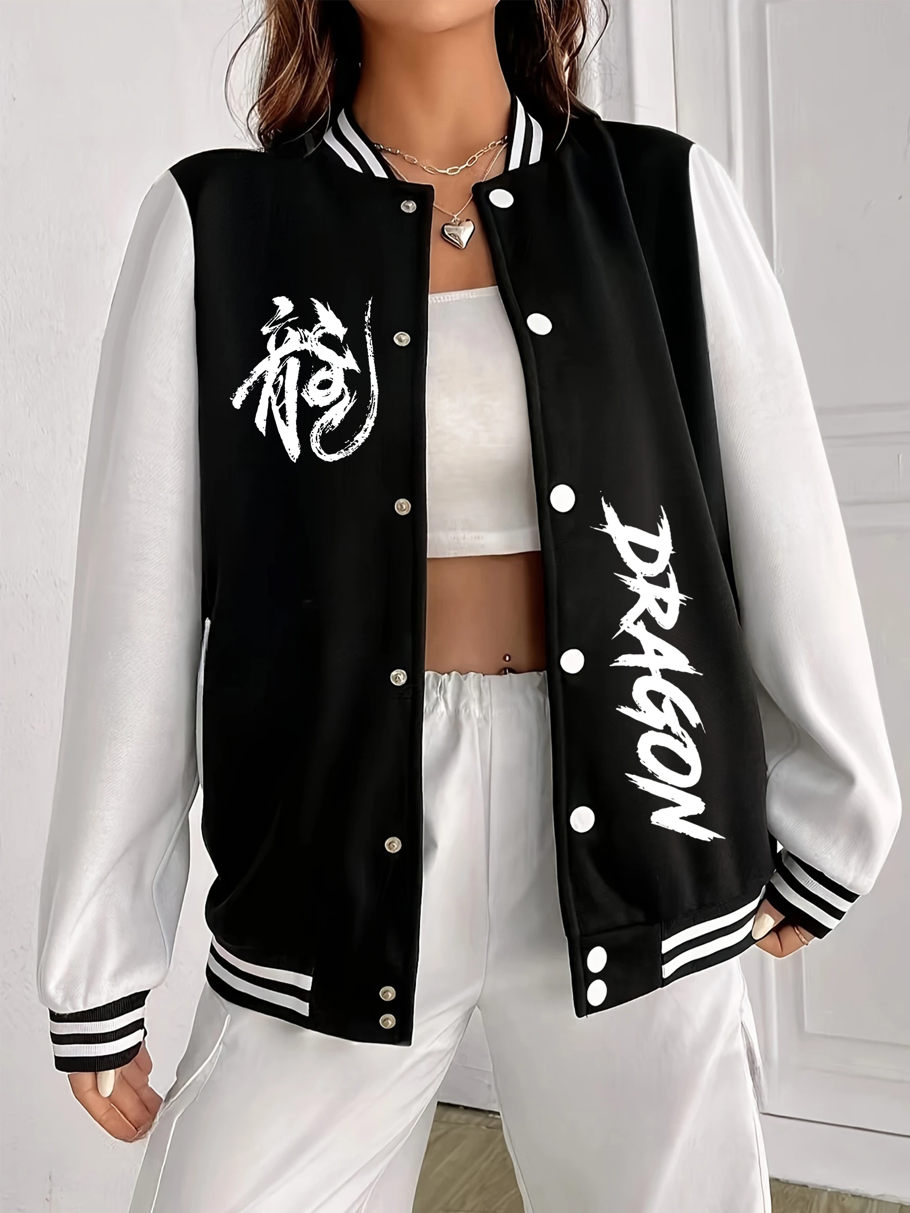 

Regarding The Culture Of Dragons Print Women Baseball Uniform Soft Loose Clothes Casual Fleece Sportswear Autumn Hip Hop Top