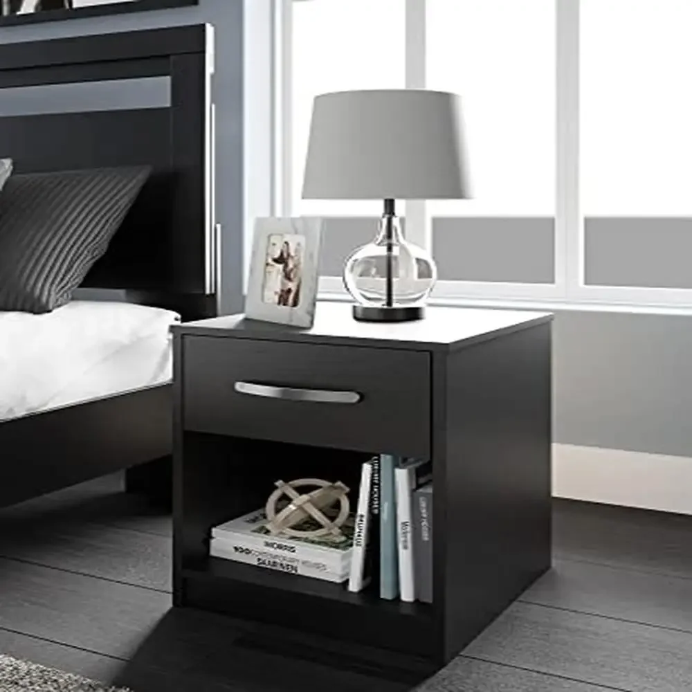 1 Drawer Modern Black Night Stand with Open Cubby Quality Crafted Bedside Table with Versatile Style and Handy Storage Easy