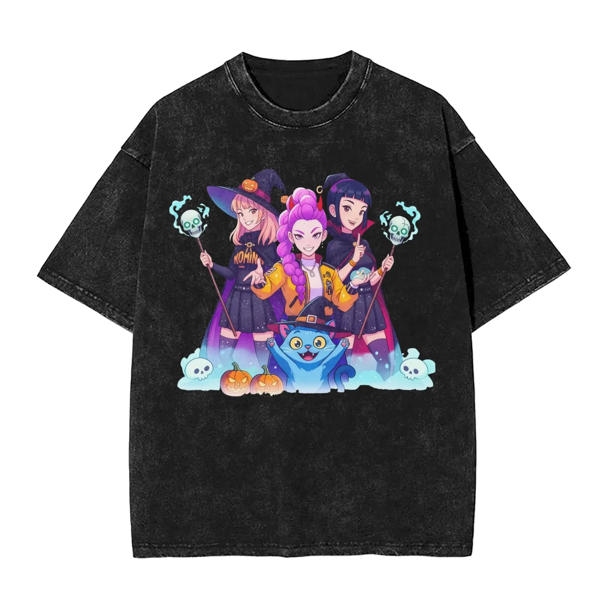 

Halloween Kpop Demon Hunters Huntrix Girls And Derpy Tiger Men's T Shirt Washed Tees Short Sleeve O Neck T-Shirt Cotton Clothes