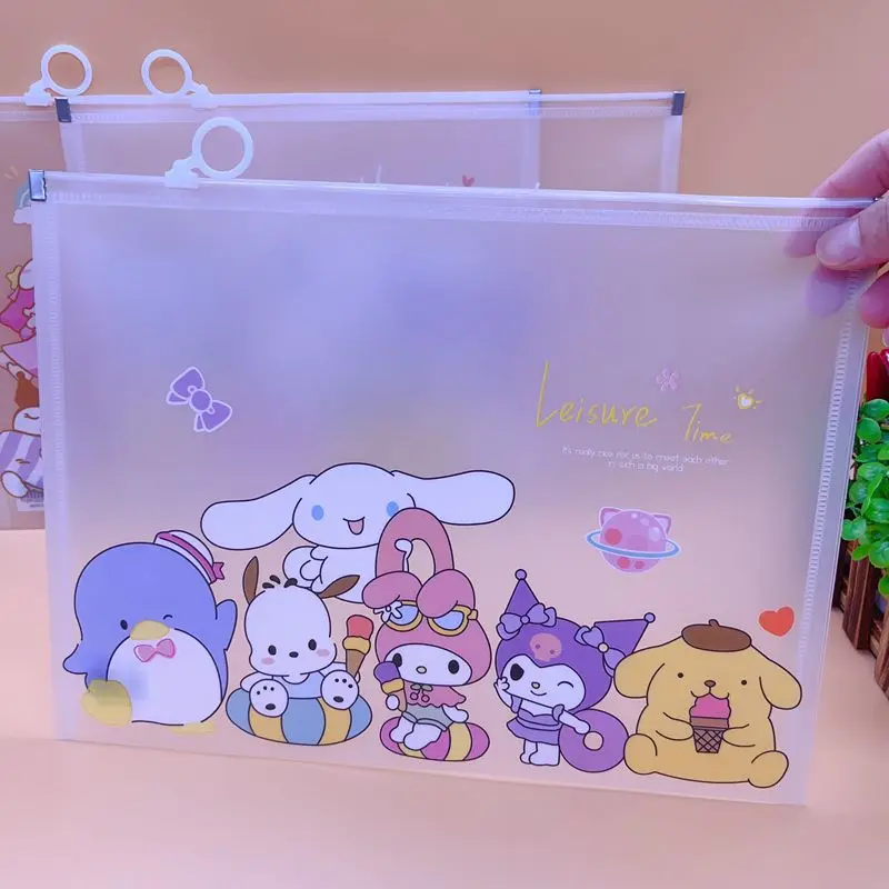 Sanrio A4 transparente documento sacos selados armazenamento de dados, estudante aprendendo papelaria suprimentos, zíper sacos, por atacado, 12pcs