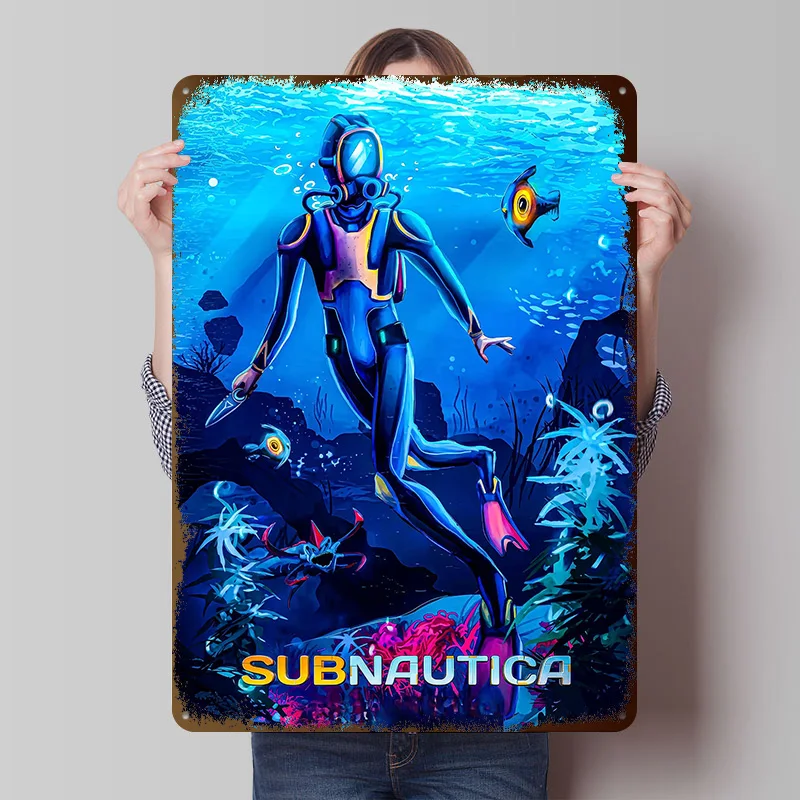 Subnautica Taucher in Unterwasserwelt Metallposter Maßgefertigte Wandkunst Retro Vintage Blechschilder zur Dekoration Ästhetisches Zuhause
