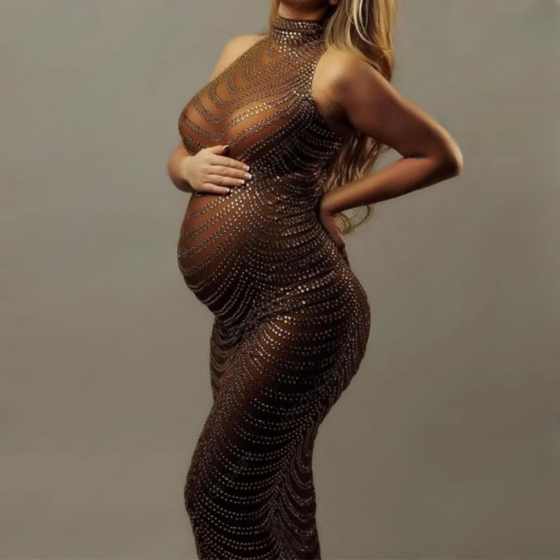 Maternity Photography Gown Baby Shower Dress Sexy Shiny Rhinestone Goddess Bodysuit Pregnant Woman Maternity Dresses Photoshoot