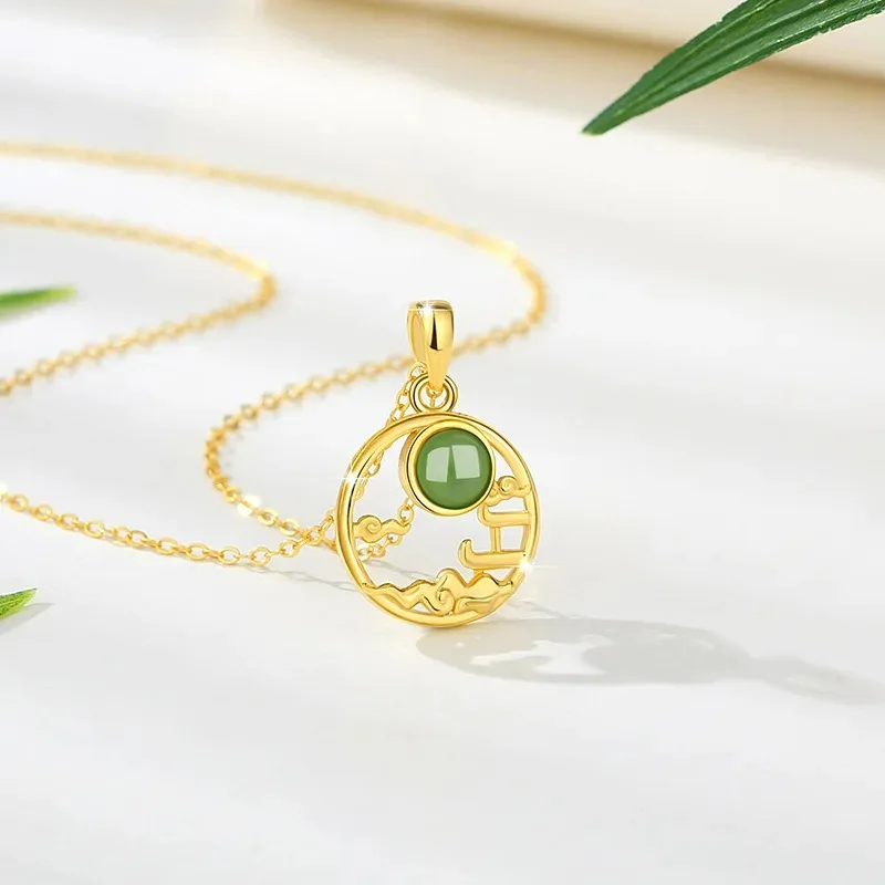 

Hollow Out Chinese Style 925 Silver Propitious Cloud Hotan Jade Necklace for Women Classic Quality Jewelry Girlfriend Gift