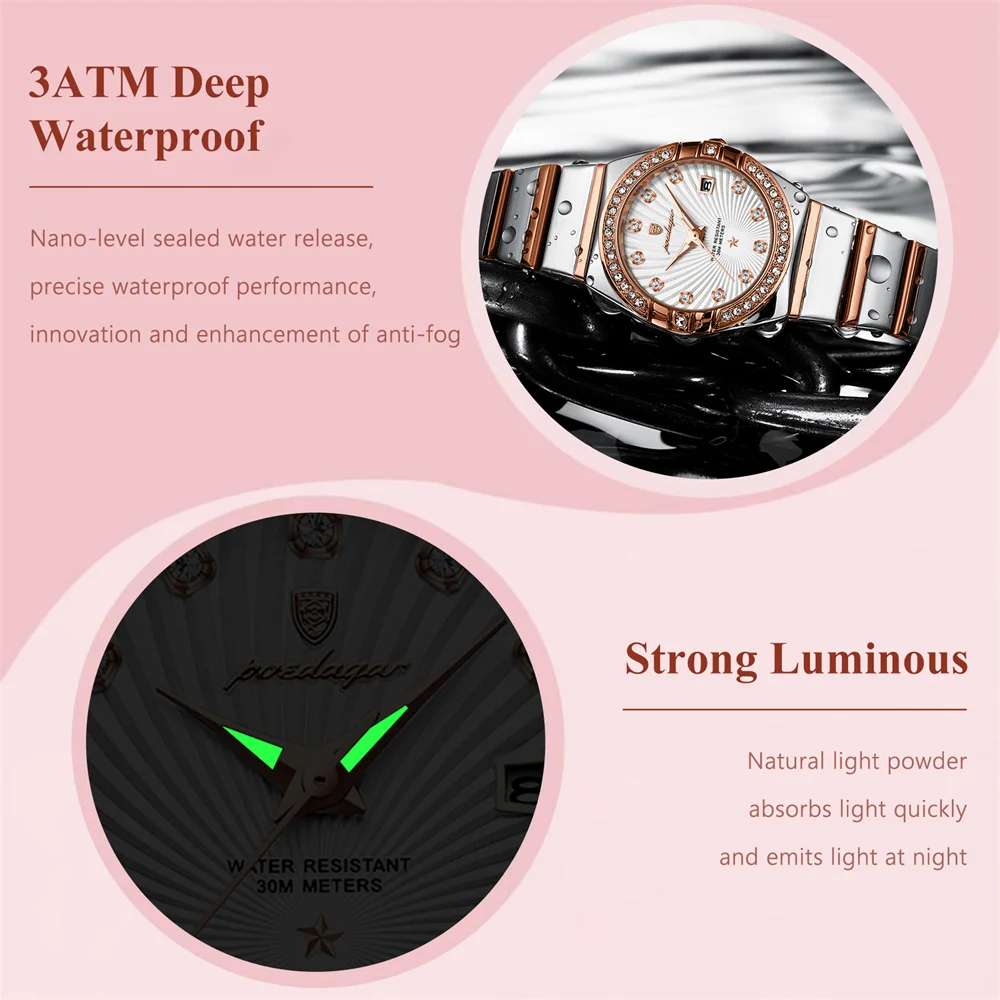 POEDAGAR Brand Luxury Diamond Women Quartz Watch High Quality Stainless Steel Waterproof Luminous Date Fashion Women Watches