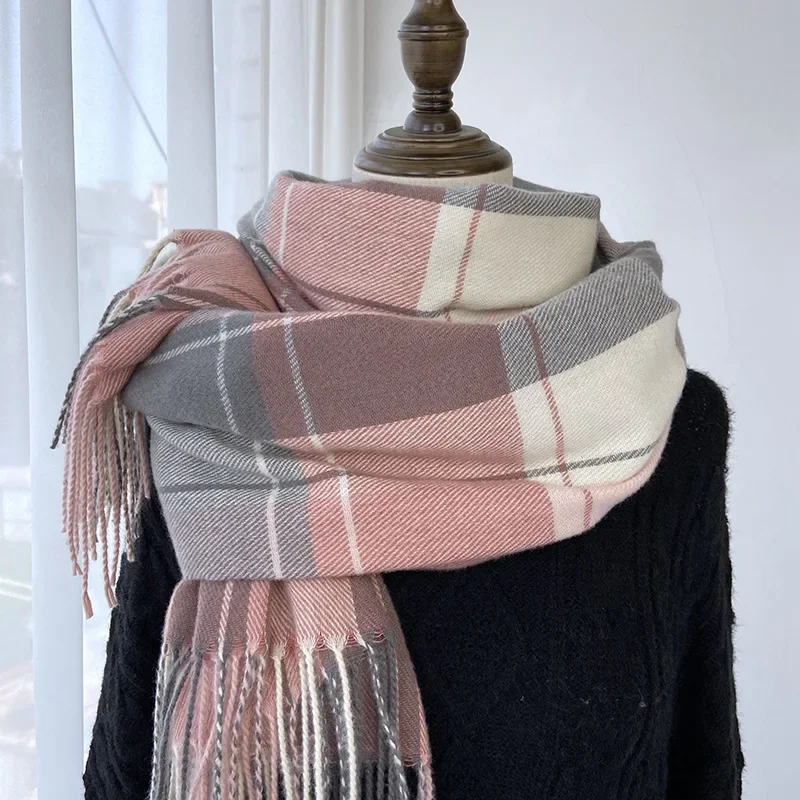 

Checkered Scarf Women's Autumn Winter New Korean Retro Shawl Japanese Student Imitation Cashmere Warm Tassel Scarf Gift