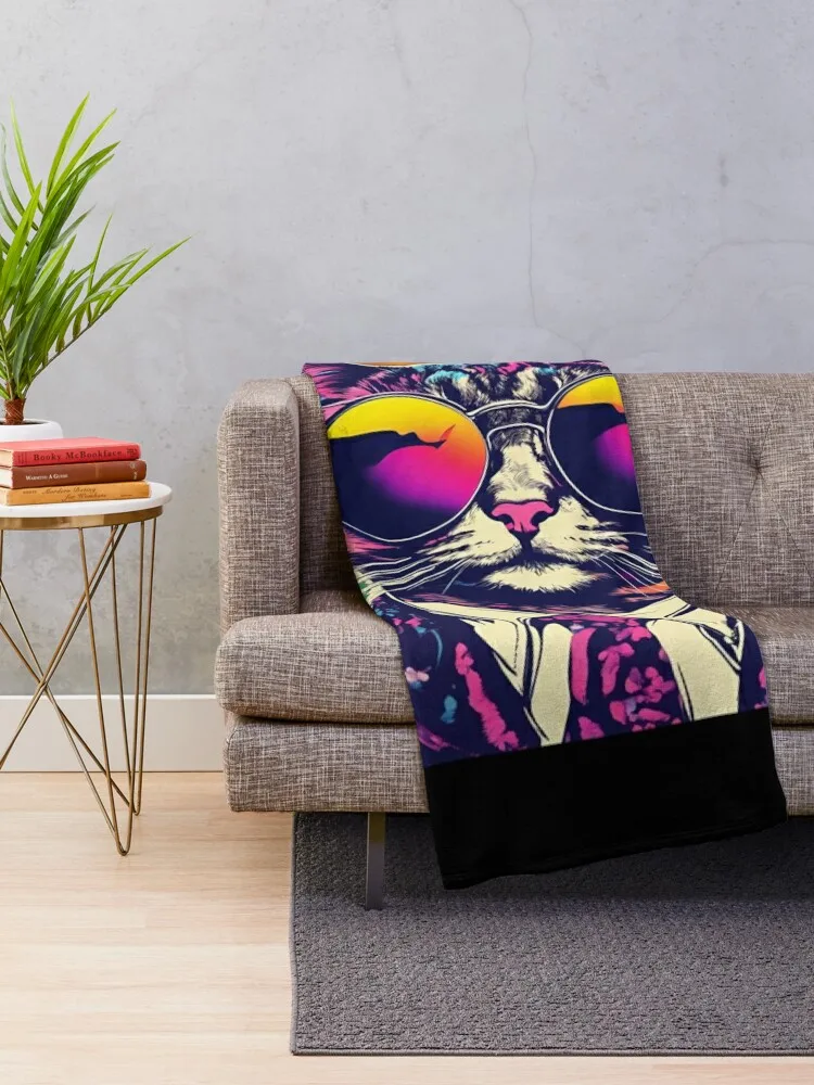 Very elegant neon cat in a beautiful suit Throw Blanket Retros Soft Big Blankets