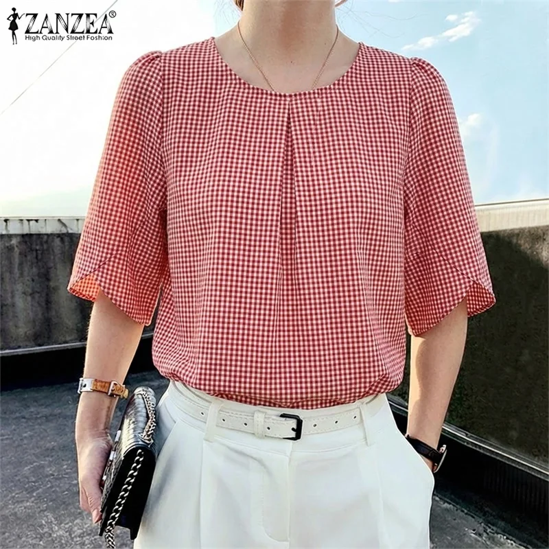 ZANZEA 2026 été Plaid Blouse mode chemise femmes élégant à manches courtes pétale travail Blouses décontracté col rond vacances Blusas tunique