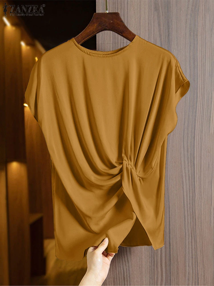 

Elegant Summer Office Blouses 2025 ZANZEA Stylish Satin Shirt Women O Neck Short Sleeve Solid Pleated Tops Asymmetrical Blusas
