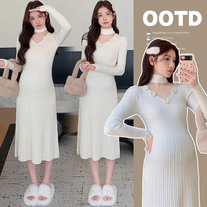 

Elegant 3D Floral Maternity Dress for Pregnant Women Slim Fit Knit Sweater Dress Sophisticated Autumn Winter Pregnancy Outfit