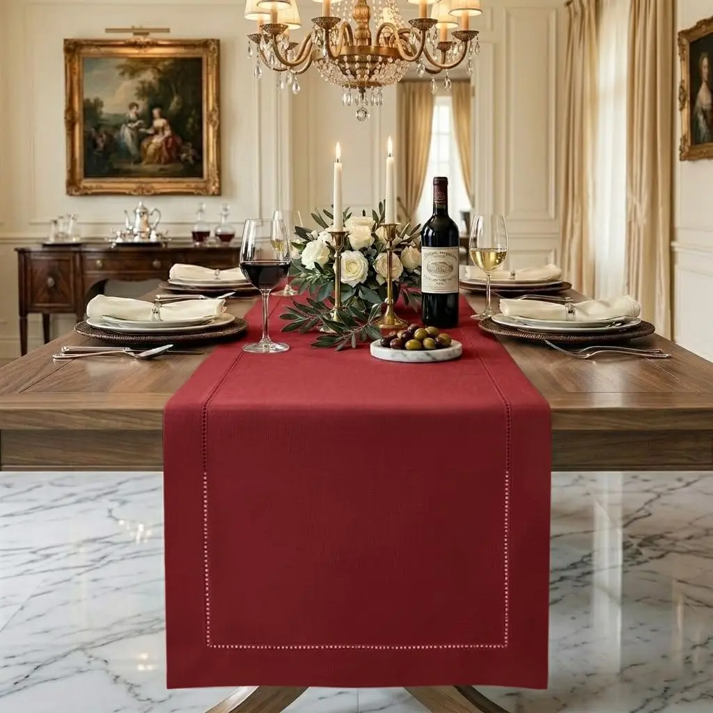 

Red Linen Table Runner 120 Inches, 100% Pure Linen Hemstitch 14x120 for Dining Room Decor