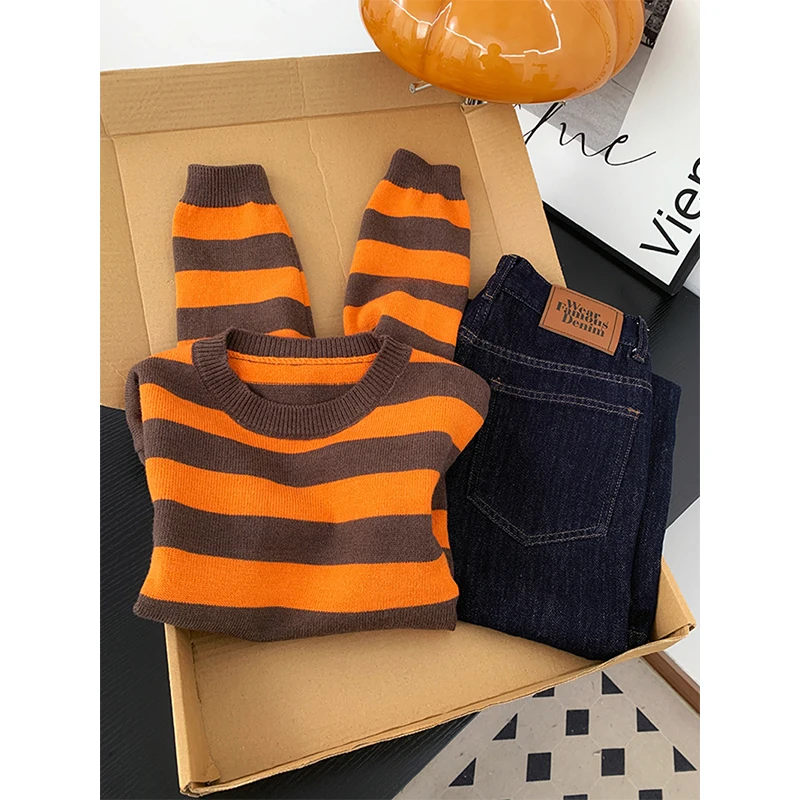 

Harajuku Striped Sweater Women Streetwear Patchwork Knitted Pullovers Korean O Neck Long Sleeve Knitwears Winter Loose Jumpers