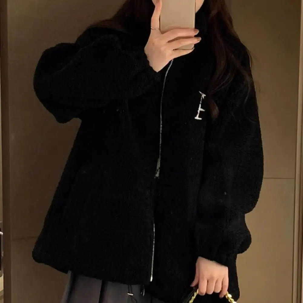 Women Casual Jacket Stylish Women's Winter Coat with Stand Collar Embroidered Letter Detail Plush Pockets Warm Cozy for Cold