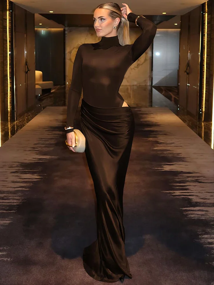 

Autumn Long Sleeve Sexy Maxi Dress Women Fashion Hollow Out Turtleneck Ruched Bodycon Club Party Long Dresses Female