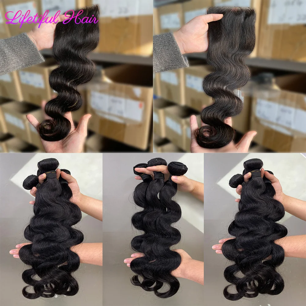 Fasci di onde del corpo con chiusura 4x4 fasci di capelli umani brasiliani e fasci di capelli grezzi di chiusura 2x 6/5x5 3 + 1 pacchi di capelli umani