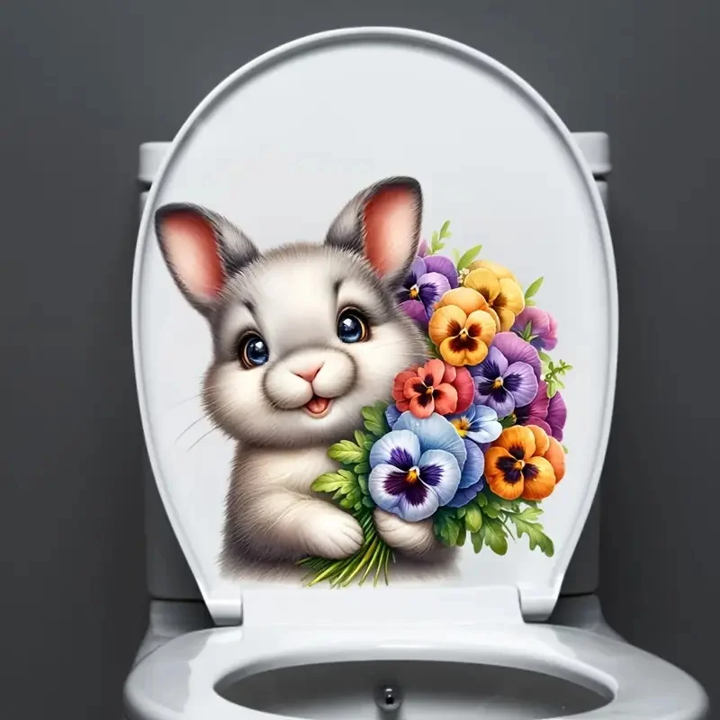 

Rabbit With Flowers Toilet Seat Sticker,Wall Decal Removable, Reusable Vinyl Car Sticker for Toilet Lid, Bathroom Decor