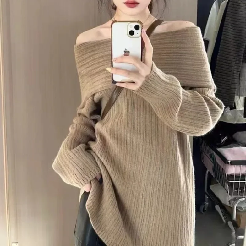 Pullovers Women Soft Slash Neck Off-shoulder Trendy Loose Fit Pure Sexy Girls Korean Fashion Knitted Sweater Lazy Style Autumn