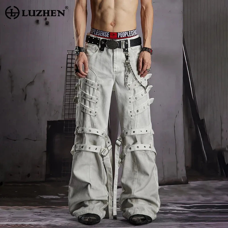 LUZHEN 2023 New Trendy Street Belt Patchwork Decorate Straight Casual Jeans Men Fashion Solid Color Handsome Denim Pants JY8756